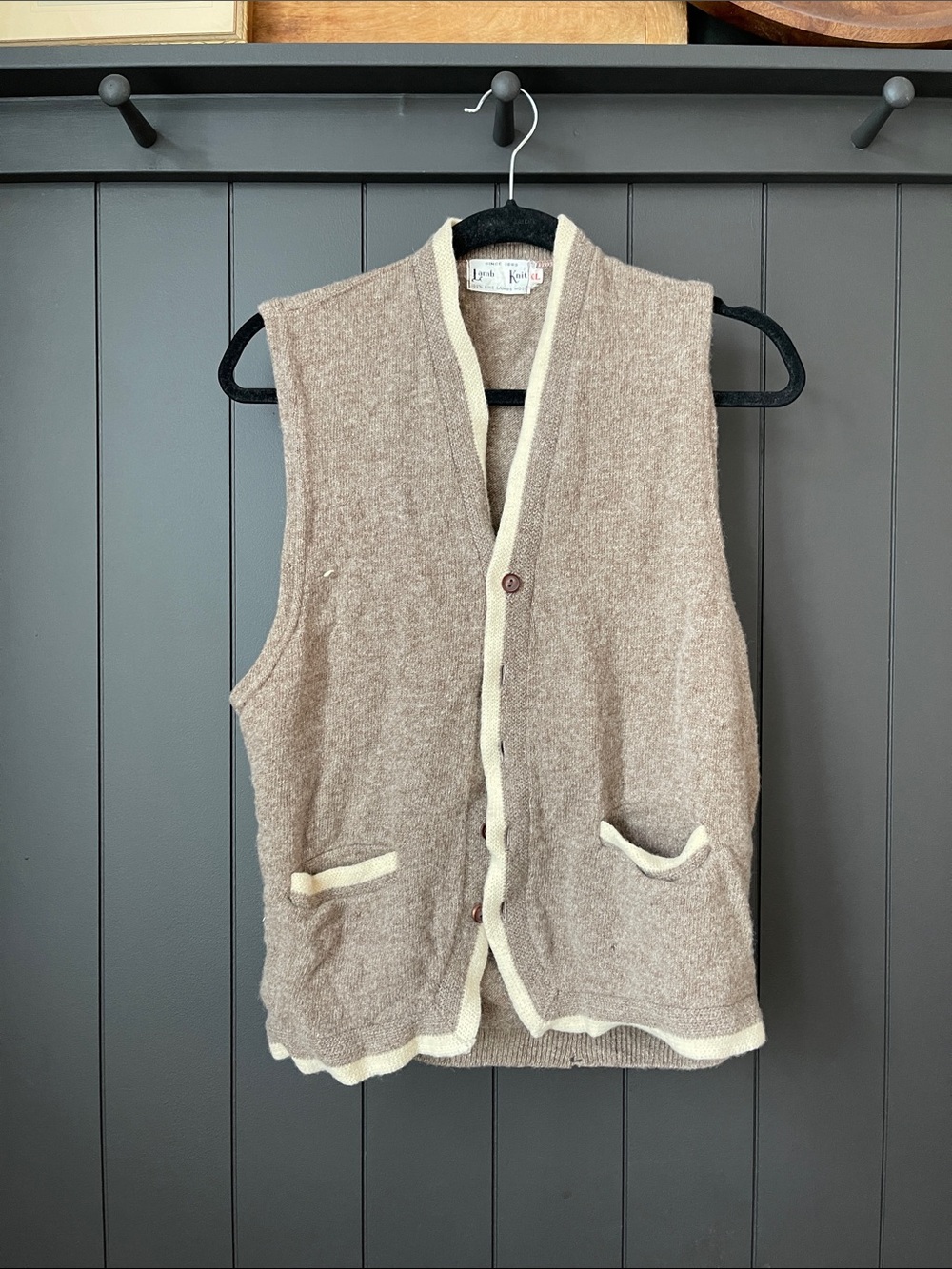 Vintage 100% Wool Beige Knit Cardigan Vest with Cream Trim